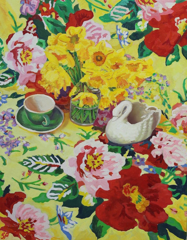 Daffodils, Coffee cup and Porcelain Swan